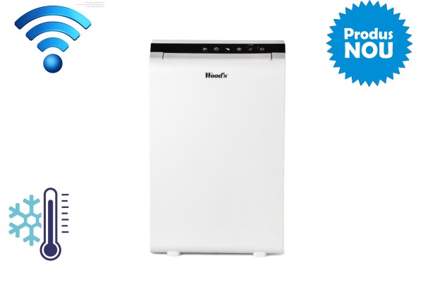 Dezumidificator si incalzitor cu rotor Woods WDD90 Ionizare  Control WiFi Capacitate 8 litri/zi  3 Trepte ventilator pentru temperaturi scazute suprafata 60 mp  